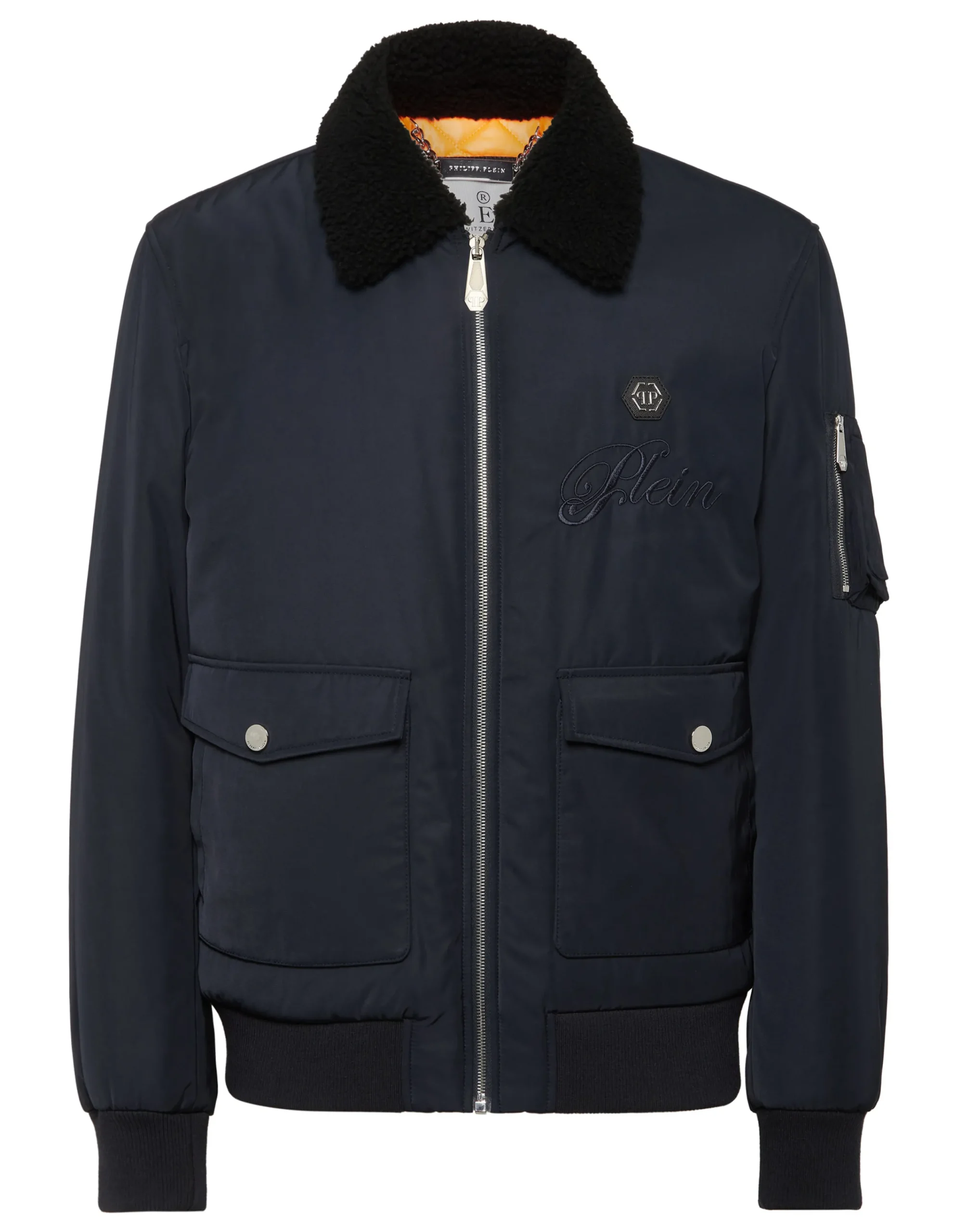PHILIPP PLEIN Nylon Aviator Jacket with Shearling Collar>Uomo Giacche E Cappotti