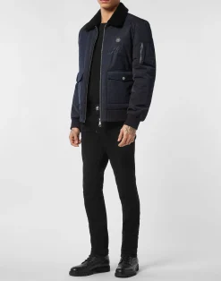 PHILIPP PLEIN Nylon Aviator Jacket with Shearling Collar><noscript><img data-lazyloaded=