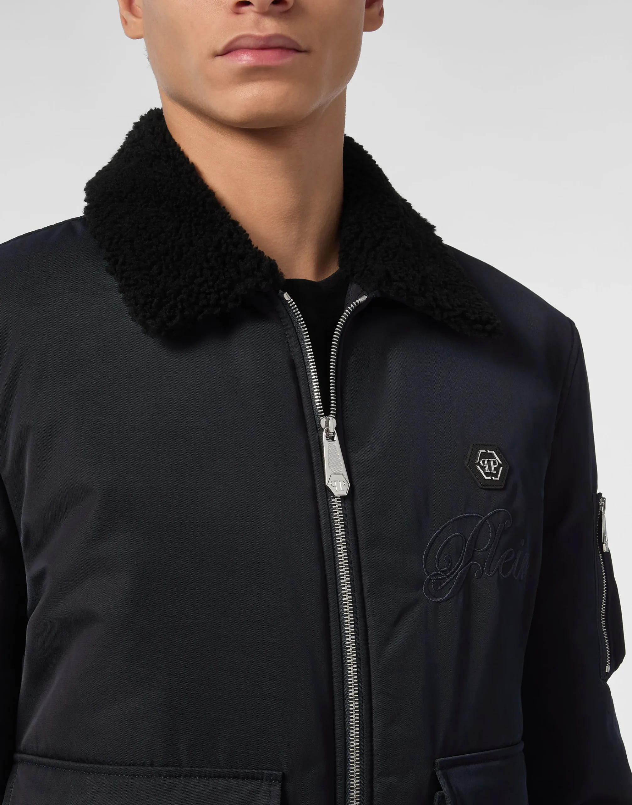 PHILIPP PLEIN Nylon Aviator Jacket with Shearling Collar>Uomo Giacche E Cappotti
