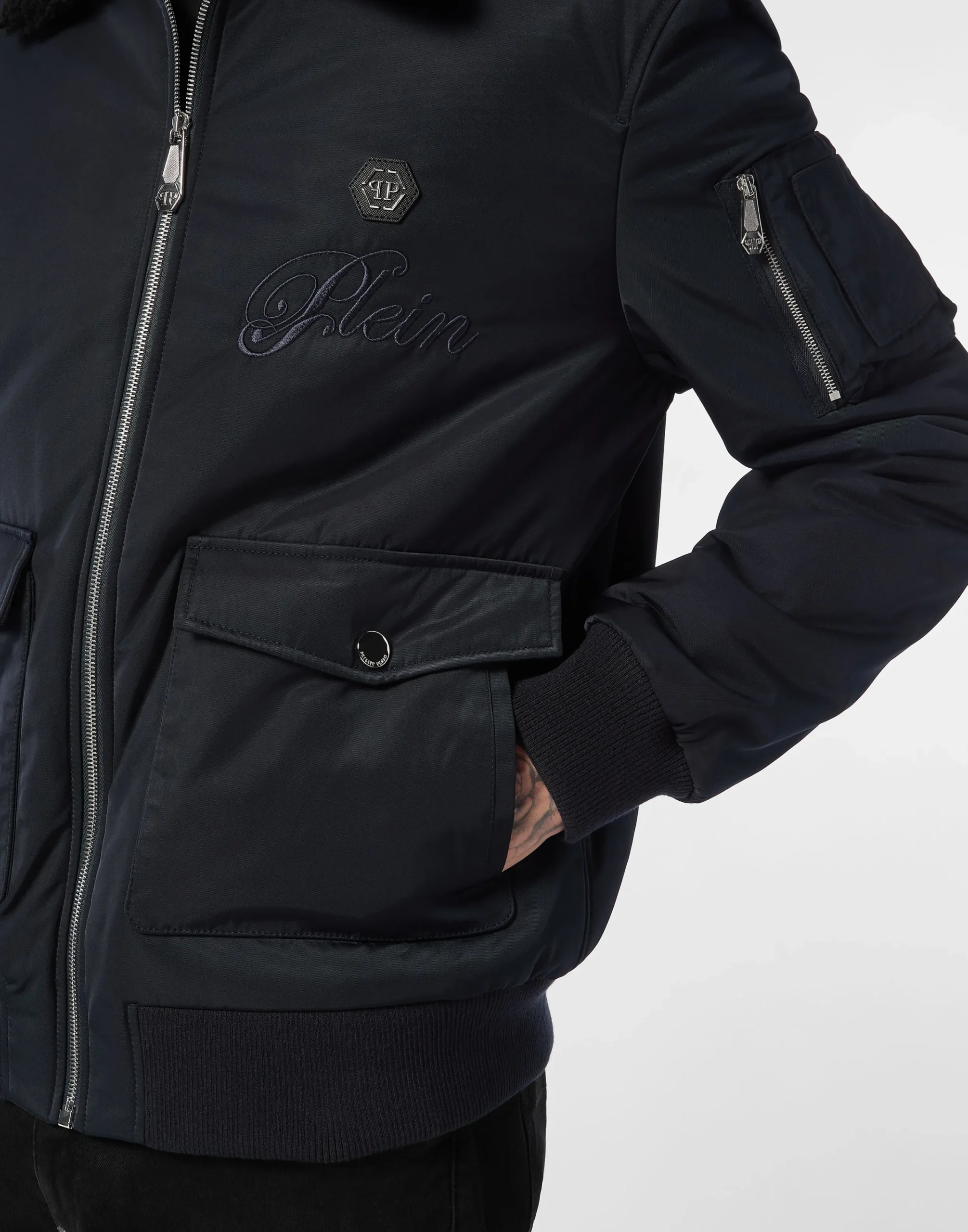 PHILIPP PLEIN Nylon Aviator Jacket with Shearling Collar>Uomo Giacche E Cappotti
