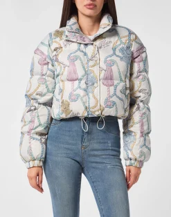 PHILIPP PLEIN Nylon Cropped Down Puffer Jacket Tassels>Donna Giubbotti