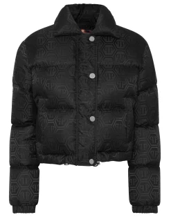 PHILIPP PLEIN Nylon Jacquard Cropped Puffer Jacket Monogram>Donna Giubbotti
