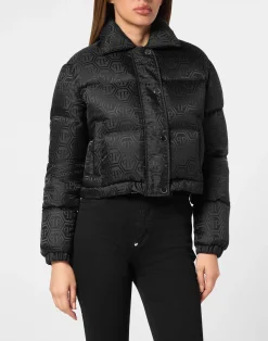 PHILIPP PLEIN Nylon Jacquard Cropped Puffer Jacket Monogram>Donna Giubbotti