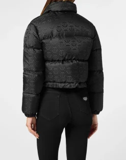 PHILIPP PLEIN Nylon Jacquard Cropped Puffer Jacket Monogram><noscript><img data-lazyloaded=