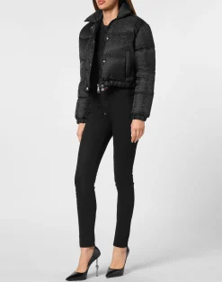 PHILIPP PLEIN Nylon Jacquard Cropped Puffer Jacket Monogram><noscript><img data-lazyloaded=