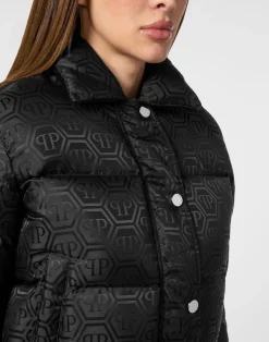 PHILIPP PLEIN Nylon Jacquard Cropped Puffer Jacket Monogram><noscript><img data-lazyloaded=