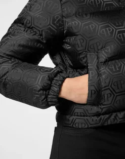 PHILIPP PLEIN Nylon Jacquard Cropped Puffer Jacket Monogram><noscript><img data-lazyloaded=