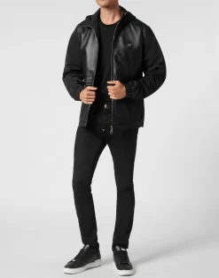PHILIPP PLEIN Nylon/Leather Hooded Jacket LS><noscript><img data-lazyloaded=