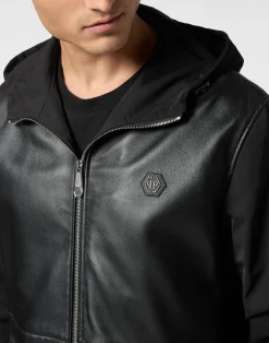 PHILIPP PLEIN Nylon/Leather Hooded Jacket LS><noscript><img data-lazyloaded=