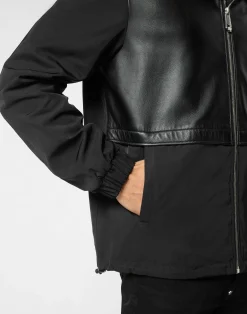 PHILIPP PLEIN Nylon/Leather Hooded Jacket LS><noscript><img data-lazyloaded=