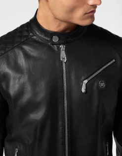PHILIPP PLEIN Padded Leather Moto Bomber><noscript><img data-lazyloaded=
