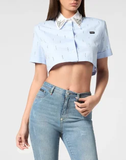 PHILIPP PLEIN Poplin Cropped Shirt SS Strass>Donna Top