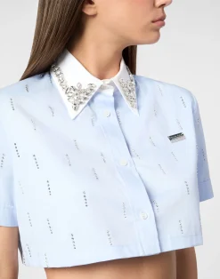 PHILIPP PLEIN Poplin Cropped Shirt SS Strass><noscript><img data-lazyloaded=