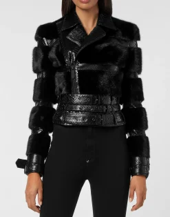 PHILIPP PLEIN Python Leather Biker Jacket>Donna Pelle E Pellicce|Giubbotti