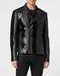 PHILIPP PLEIN Python Leather Bomber Skull><noscript><img data-lazyloaded=