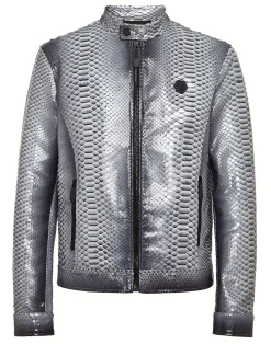 PHILIPP PLEIN Python Leather Bomber Skull>Uomo Giacche Di Pelle|Giacche E Cappotti