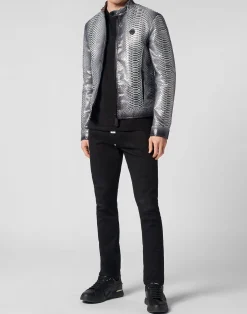 PHILIPP PLEIN Python Leather Bomber Skull><noscript><img data-lazyloaded=