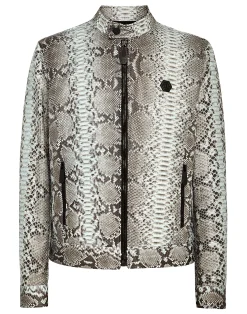 PHILIPP PLEIN Python Leather Bomber Skull>Uomo Giacche Di Pelle|Giacche E Cappotti