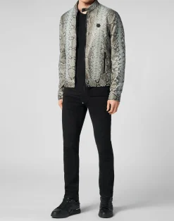 PHILIPP PLEIN Python Leather Bomber Skull><noscript><img data-lazyloaded=