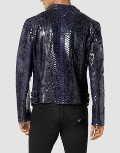 PHILIPP PLEIN Python Leather Jacket><noscript><img data-lazyloaded=