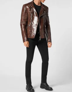 PHILIPP PLEIN Python Leather Jacket><noscript><img data-lazyloaded=