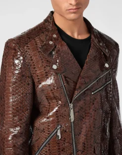 PHILIPP PLEIN Python Leather Jacket><noscript><img data-lazyloaded=