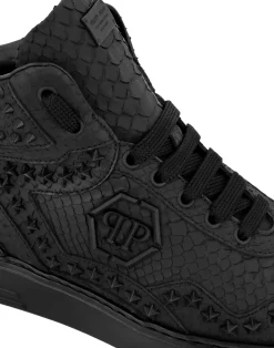 PHILIPP PLEIN Python Leather Mid-Top Sneakers Studs><noscript><img data-lazyloaded=