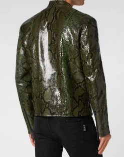 PHILIPP PLEIN Python Leather Moto Jacket><noscript><img data-lazyloaded=