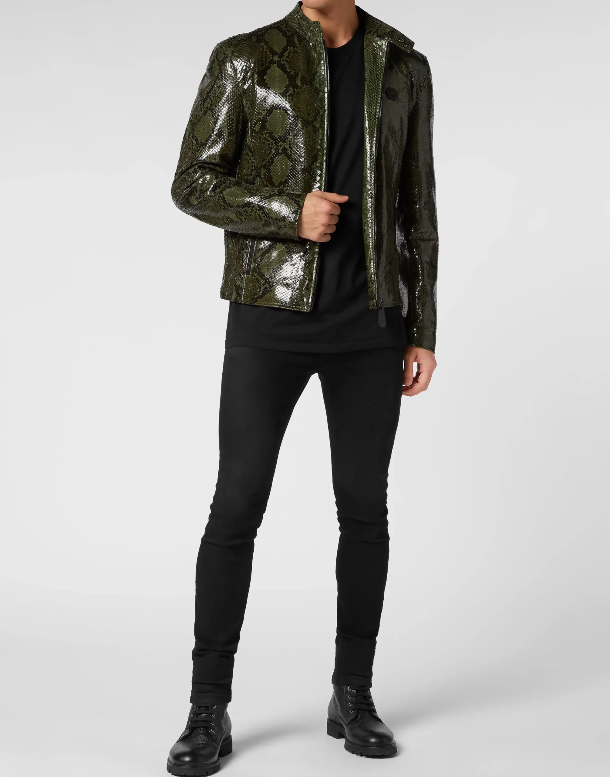 PHILIPP PLEIN Python Leather Moto Jacket>Uomo Giacche Di Pelle|Giacche E Cappotti