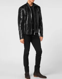 PHILIPP PLEIN Python Leather Moto Jacket><noscript><img data-lazyloaded=