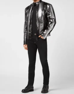 PHILIPP PLEIN Python Leather Moto Jacket><noscript><img data-lazyloaded=