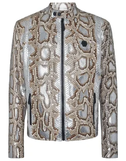 PHILIPP PLEIN Python Leather Moto Jacket>Uomo Giacche Di Pelle|Giacche E Cappotti