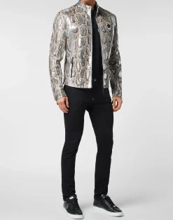 PHILIPP PLEIN Python Leather Moto Jacket><noscript><img data-lazyloaded=