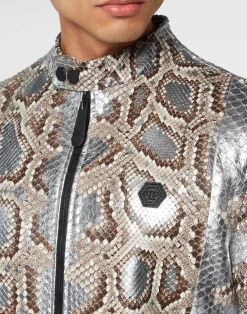 PHILIPP PLEIN Python Leather Moto Jacket><noscript><img data-lazyloaded=