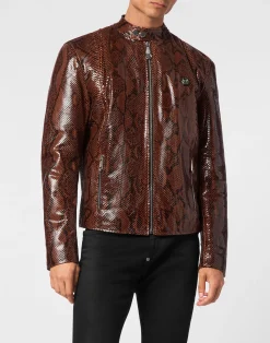 PHILIPP PLEIN Python Leather Moto Jacket><noscript><img data-lazyloaded=