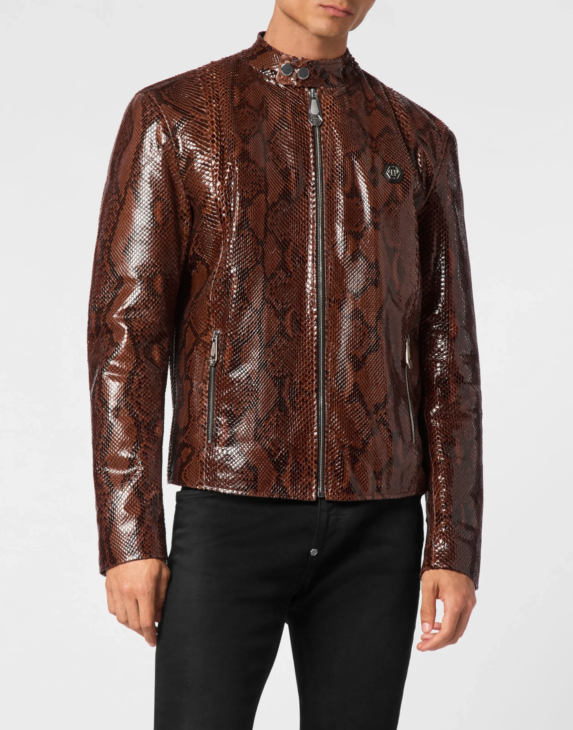 PHILIPP PLEIN Python Leather Moto Jacket>Uomo Giacche Di Pelle|Giacche E Cappotti