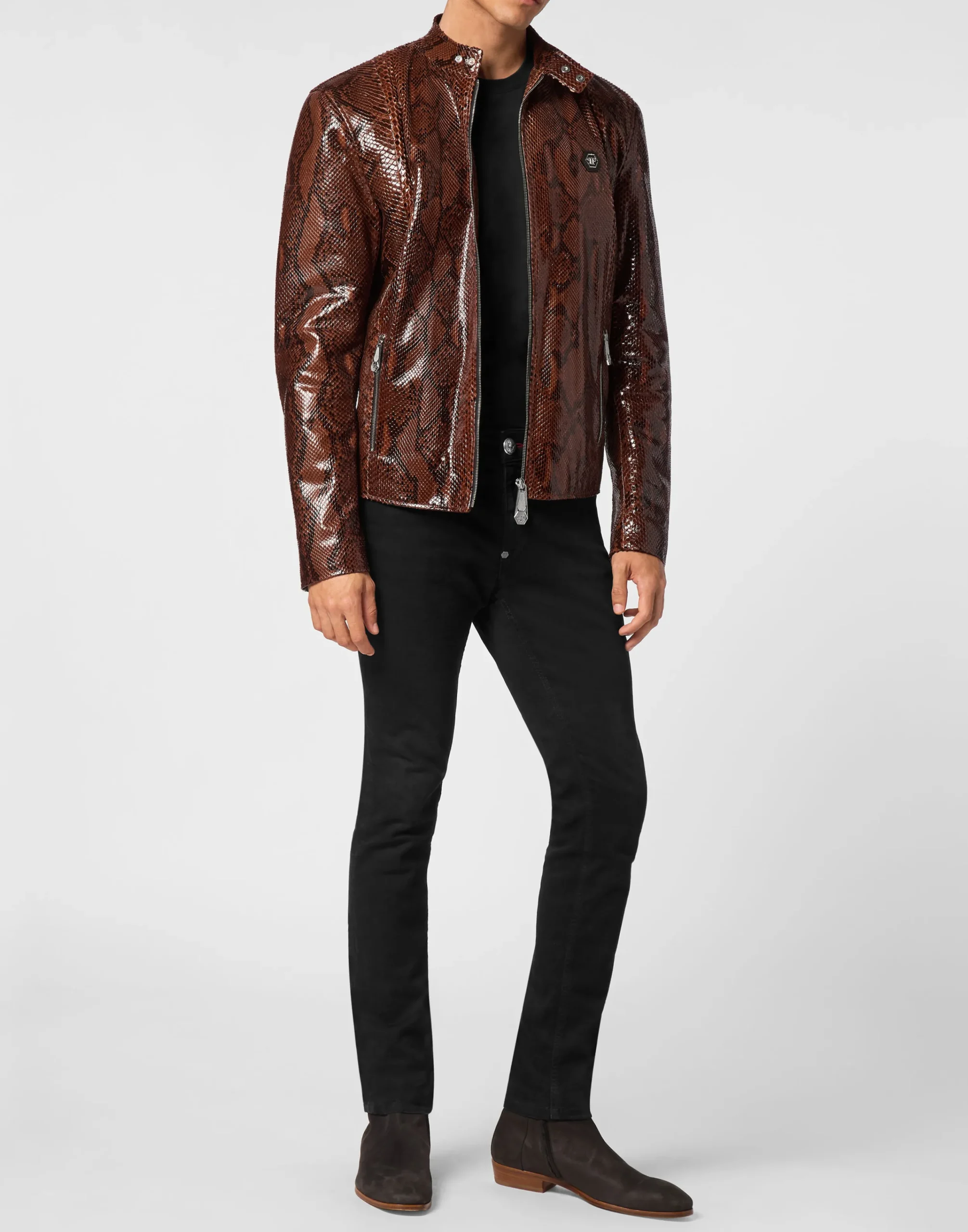 PHILIPP PLEIN Python Leather Moto Jacket>Uomo Giacche Di Pelle|Giacche E Cappotti