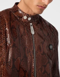 PHILIPP PLEIN Python Leather Moto Jacket><noscript><img data-lazyloaded=