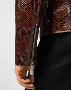 PHILIPP PLEIN Python Leather Moto Jacket><noscript><img data-lazyloaded=