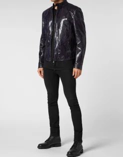 PHILIPP PLEIN Python Leather Moto Jacket><noscript><img data-lazyloaded=