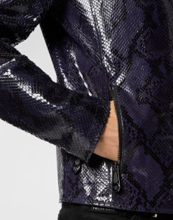 PHILIPP PLEIN Python Leather Moto Jacket><noscript><img data-lazyloaded=