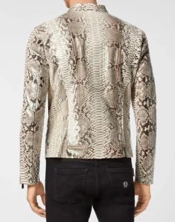 PHILIPP PLEIN Python Leather Moto Jacket Luxury><noscript><img data-lazyloaded=