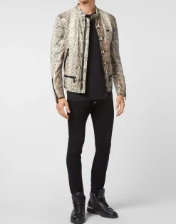 PHILIPP PLEIN Python Leather Moto Jacket Luxury><noscript><img data-lazyloaded=