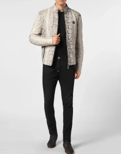 PHILIPP PLEIN Python Leather Moto Jacket><noscript><img data-lazyloaded=