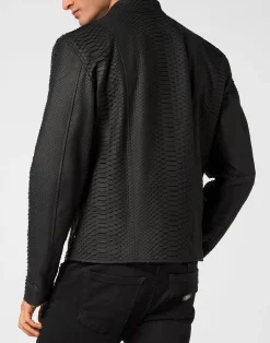 PHILIPP PLEIN Python Leather Moto Jacket><noscript><img data-lazyloaded=