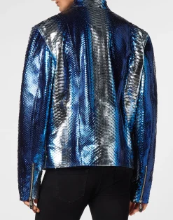 PHILIPP PLEIN Python Leather Moto Jacket><noscript><img data-lazyloaded=