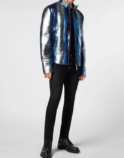 PHILIPP PLEIN Python Leather Moto Jacket><noscript><img data-lazyloaded=