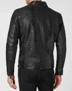 PHILIPP PLEIN PYTHON SKULL PRINTED PERFECTO JACKET><noscript><img data-lazyloaded=