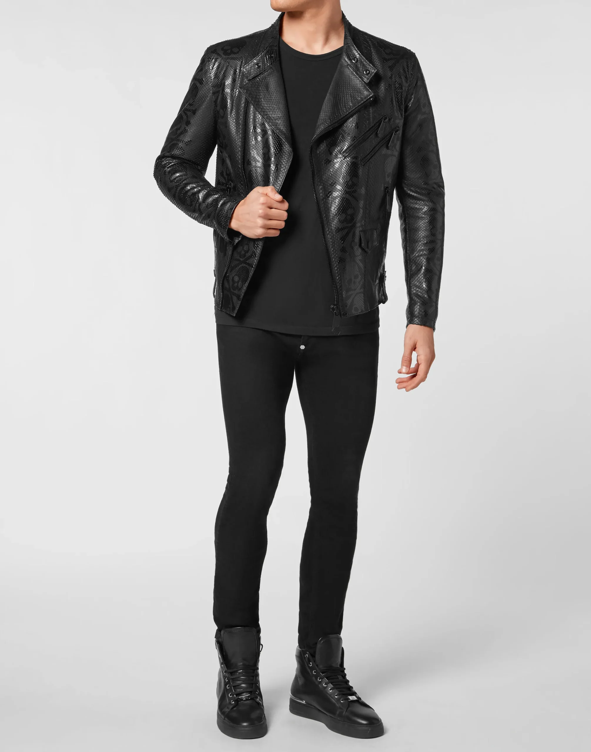 PHILIPP PLEIN PYTHON SKULL PRINTED PERFECTO JACKET>Uomo Giacche Di Pelle|Giacche E Cappotti