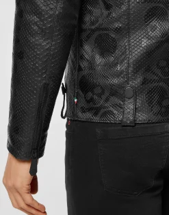 PHILIPP PLEIN PYTHON SKULL PRINTED PERFECTO JACKET><noscript><img data-lazyloaded=